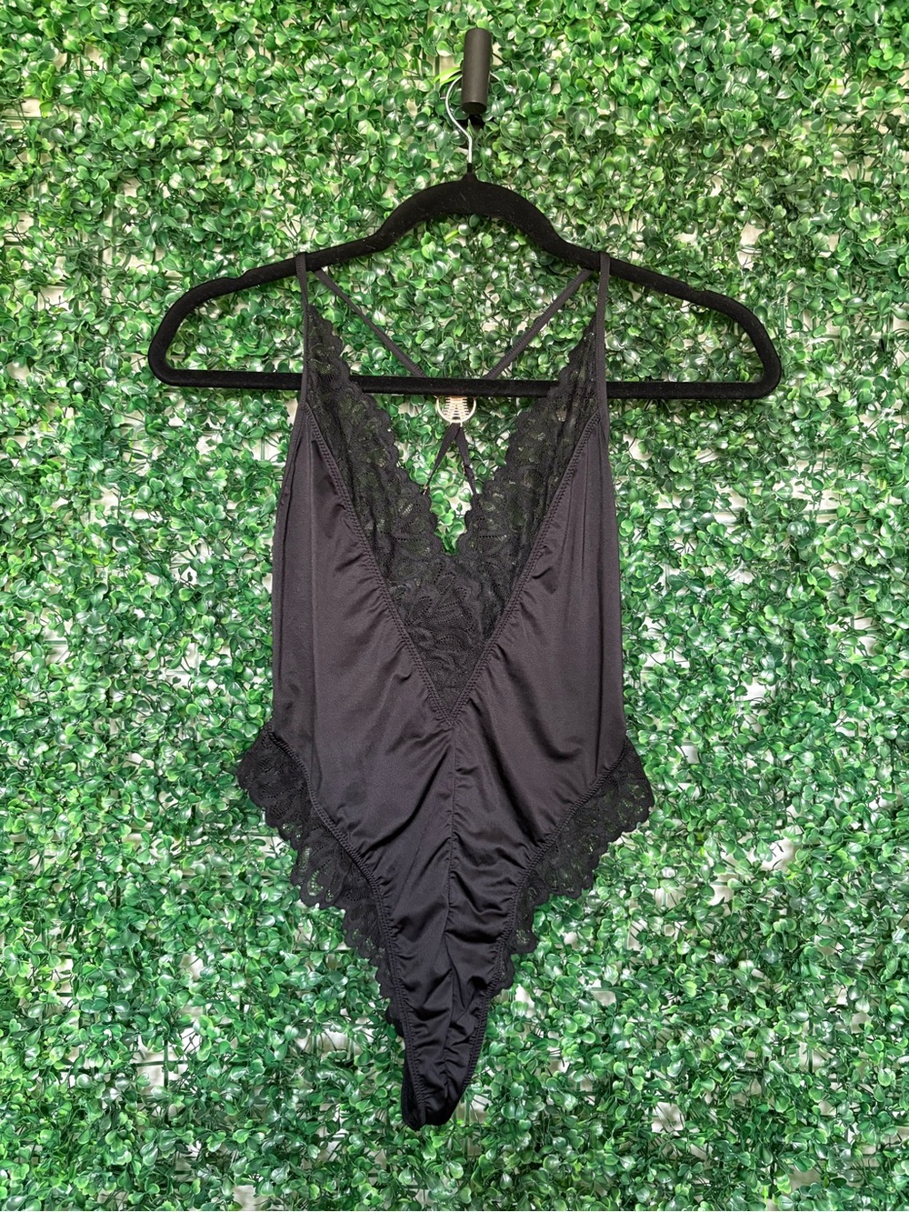 Savage X Fenty Black Lace Thong Plunge Bodysuit with criss-cross back